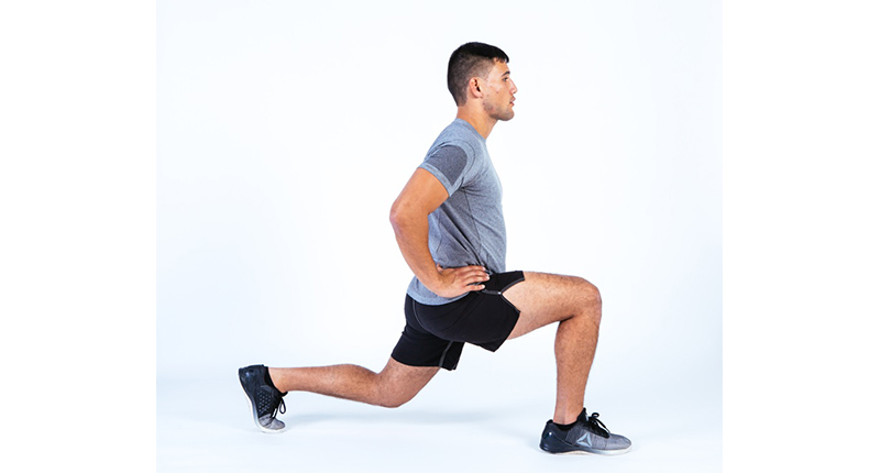 Hip flexor stretch: Kneel on your right knee, with your left foot in front of your body. Lean forward from the hips. Hold for 30 seconds, then switch sides.