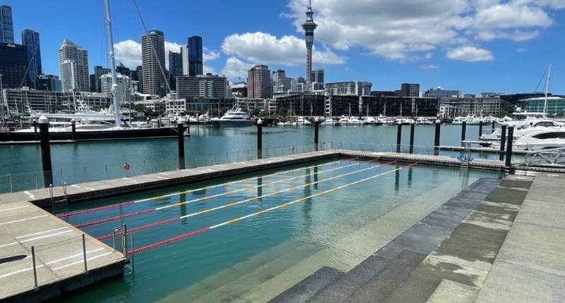 The swimming area at the Karanga Plaza Harbour Pool (view towards city)